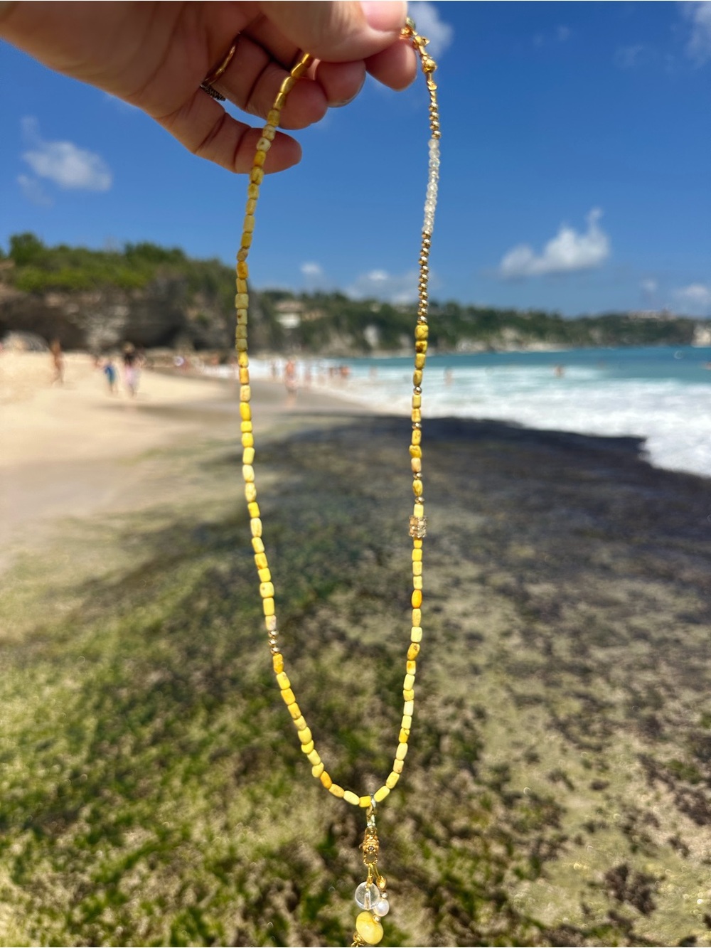 Anthropologie Yellow Beaded Pendant Necklace with Clear Accent